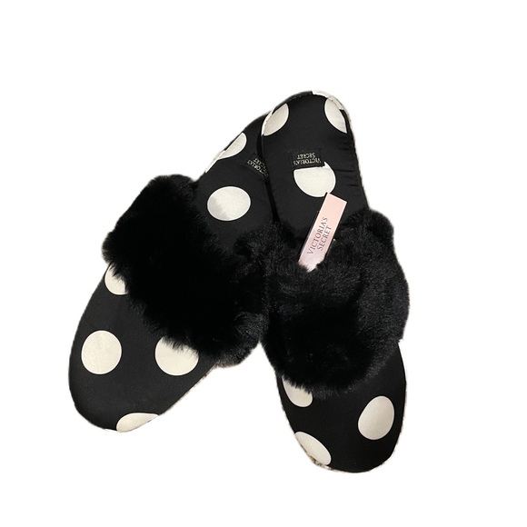 NWT Victoria’s Secret Polka Dot Satin and Faux Fur Slippers Size Medium (7-8) - Picture 2 of 7